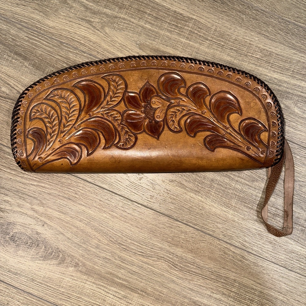 Large Tooled Leather, half moon shape, Flower, Zipper Wristlet Purse Bag 15.5"x7